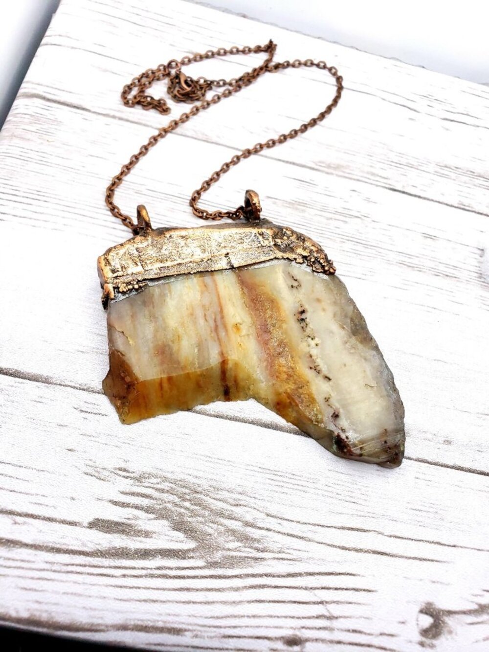 Huge agate slab necklace- boho ooak handmade copper plated rustic unique jewelry
